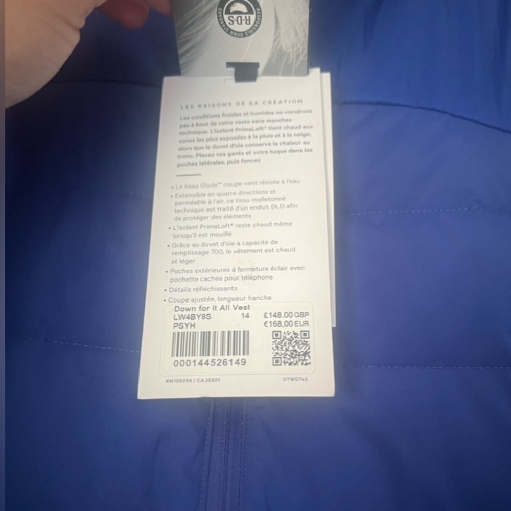 Lululemon down for it all vest Blue SZ 14 New! - Picture 9 of 10
